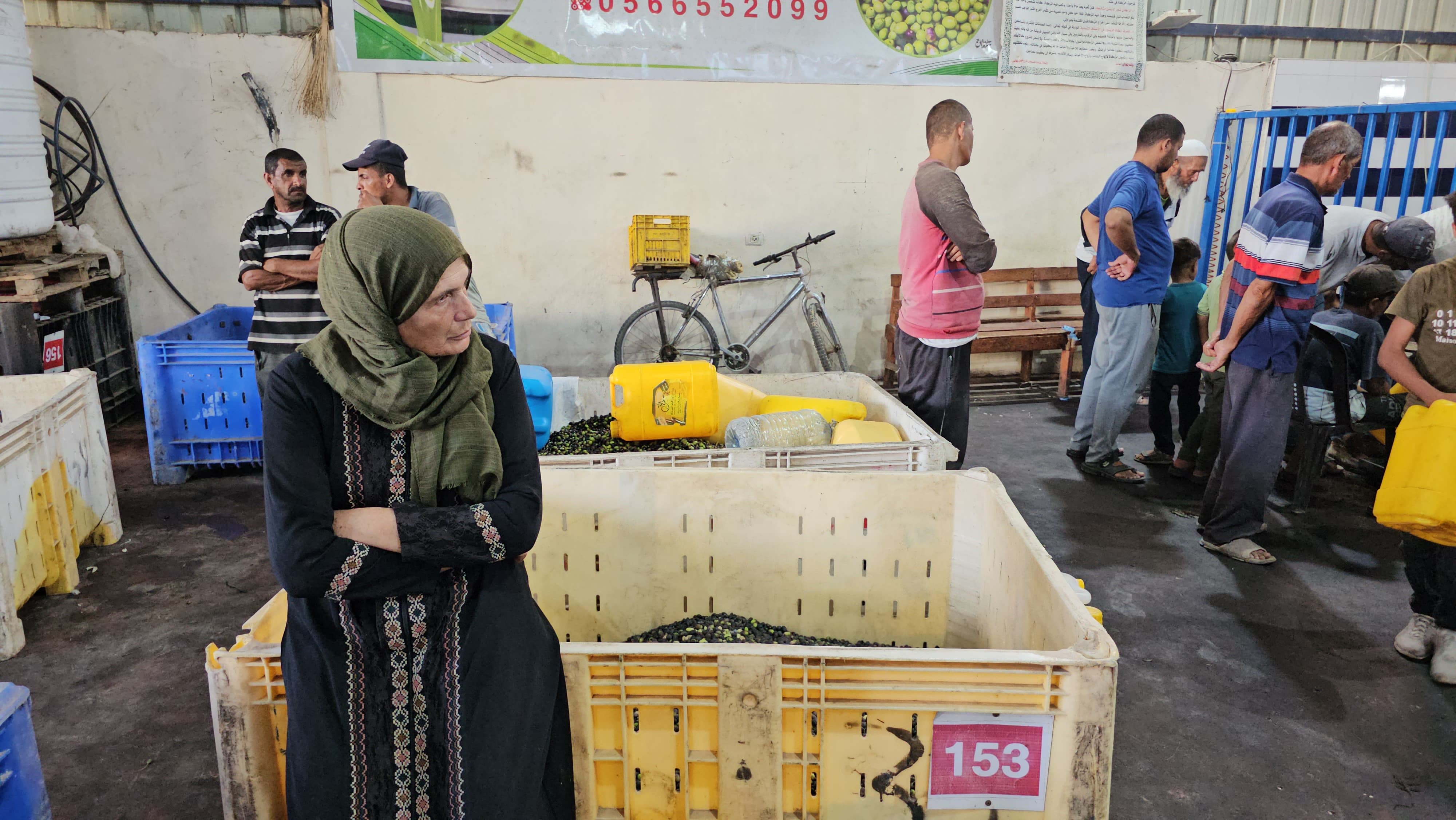  المزارعة نهى قديح تنتظر دورها لعصر ثمار الزيتون في معصرة بمدينة خان يونس جنوب قطاع غزة-أحلام حماد-الترا فلسطين.JPG