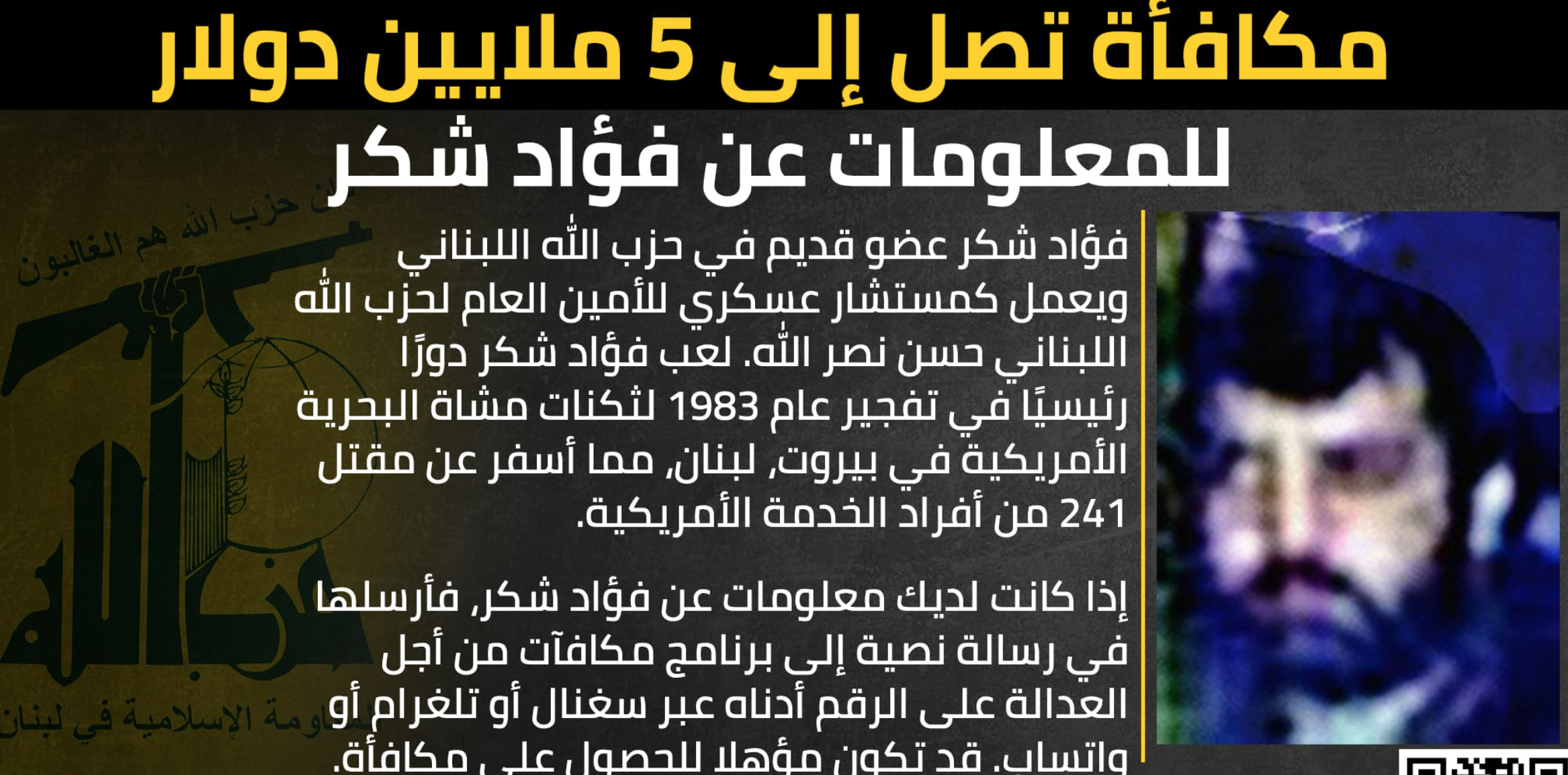 القيادي في حزب الله فؤاد شكر، رصدت واشنطن مكافأة لمن يدلي بمعلومات عنه