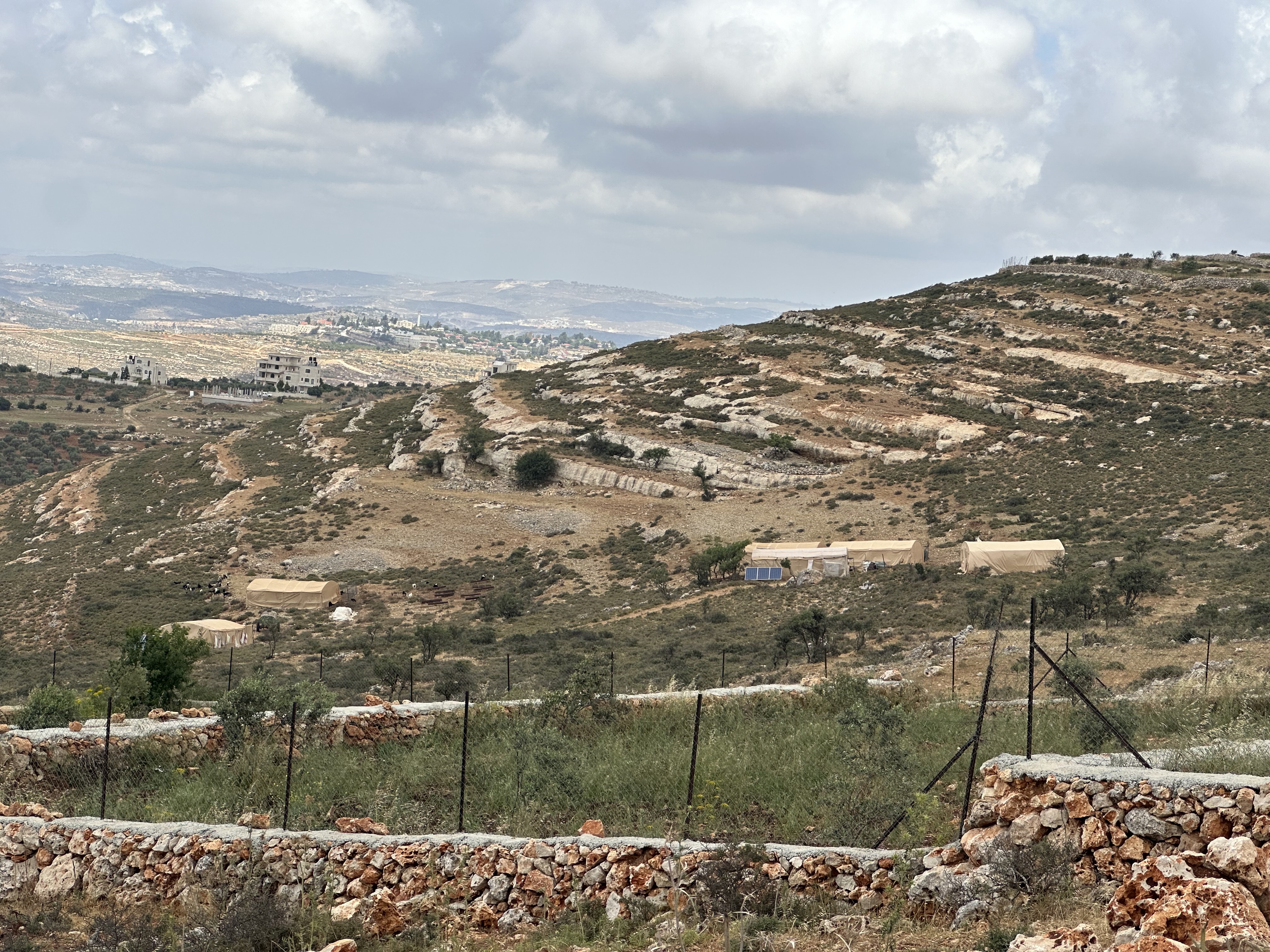 تظهر مدينة روابي الحديثة، خلف خيمة "موسى" في المكان الذي انتقلوا إليه قرب المزرعة الشرقية