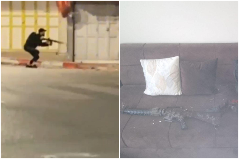 قطعة سلاح الشهيد أمير أبو خديجة، وفي الصورة الثانية أثناء اشتباك سابق مع قوات الاحتلال