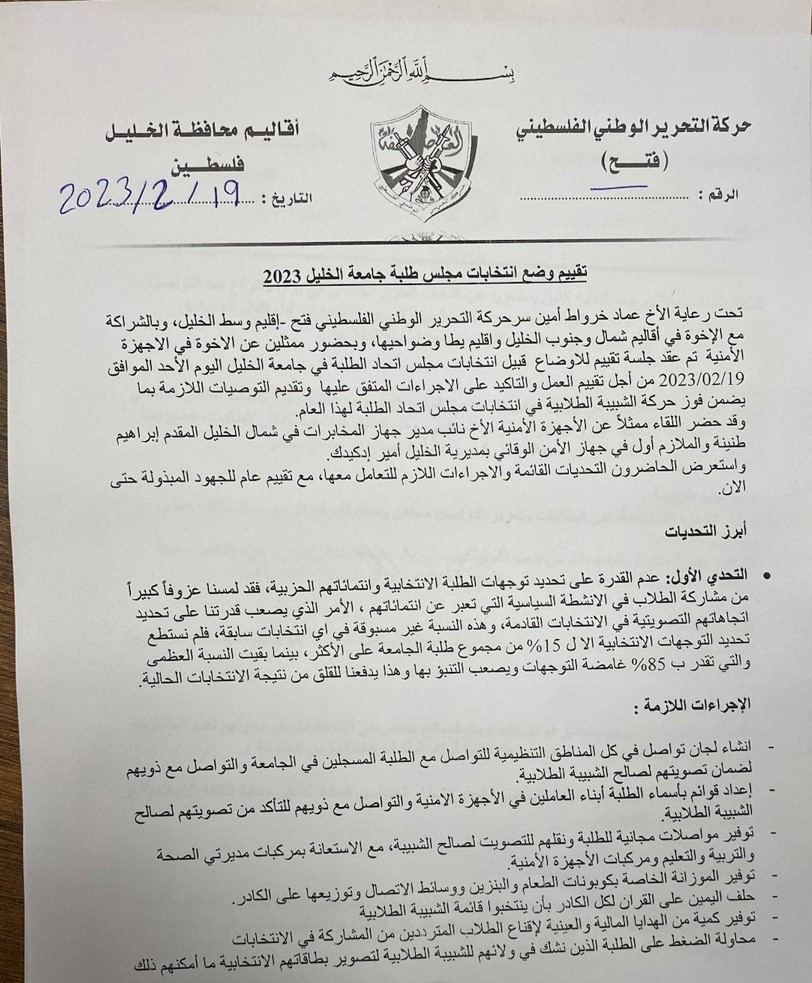 وثيقة مسربة لاجتماع لقيادات في فتح والأجهزة الأمنية لبحث انتخابات جامعة الخليل 1