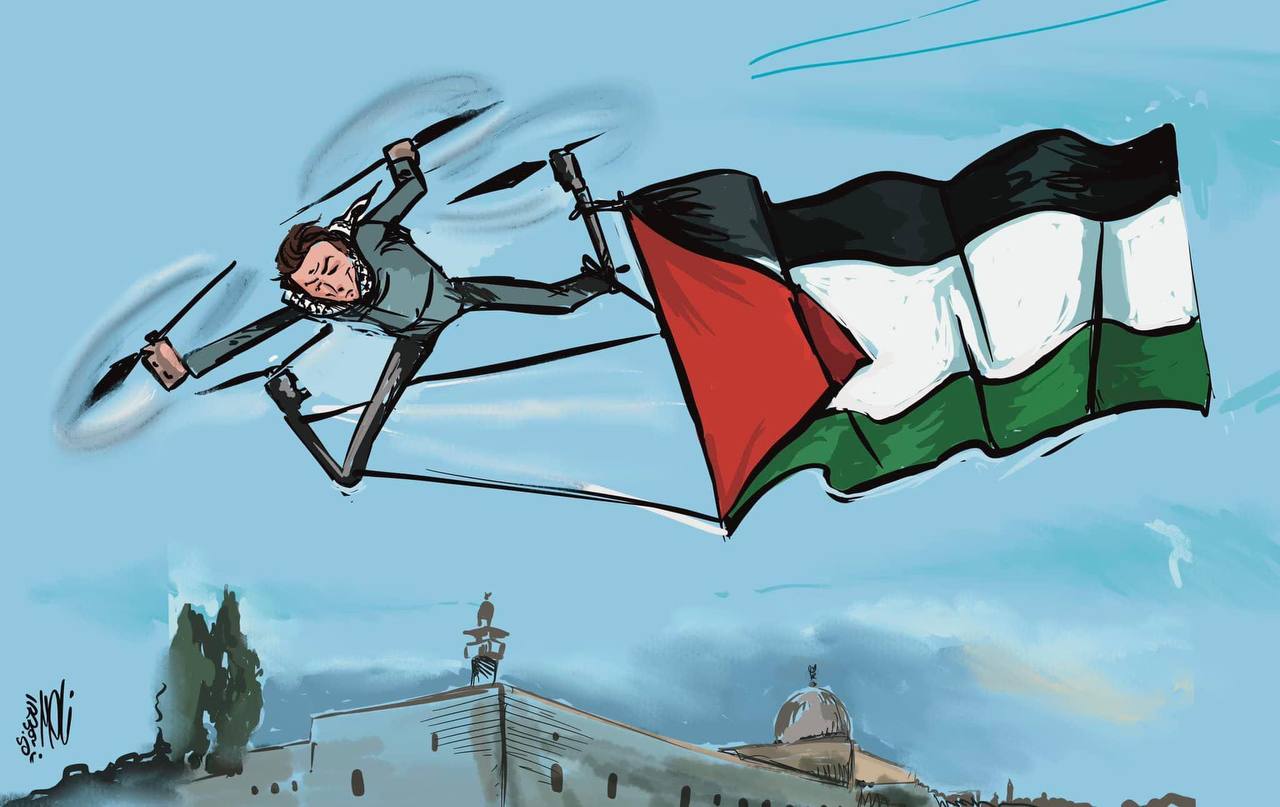 رفع العلم الفلسطينيّ في سماء القدس - كاريكاتير: ناصر الجعفري