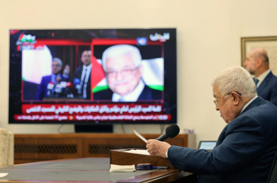 لحظة إلقاء الرئيس عباس كلمة أمام مؤتمر "وثائق الملكيات والوضع التاريخي للمسجد الأقصى" اليوم