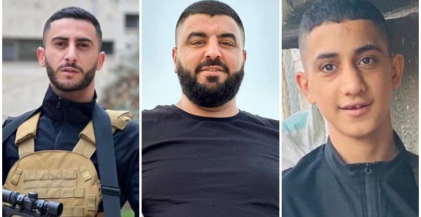 ارتقى الشهداء الثلاثة (صهيب عدنان الغول، ومحمد بشار عويس، وأشرف مراد السعدي) شمال جنين، بعد قصف إسرائيلي استهدف مركبتهم